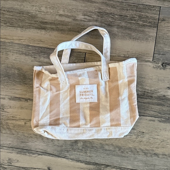 Summer Fridays Handbags - Summer Fridays Beige & White Striped Canvas Tote Bag